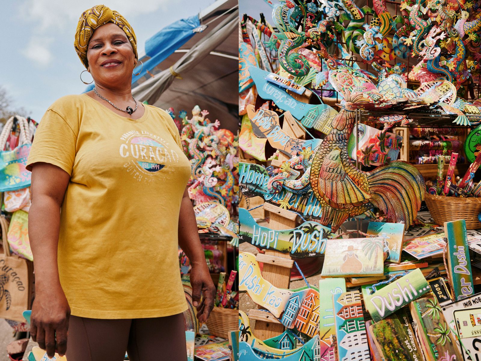 Market woman next to vibrant hand-painted wooden roosters and island souvenirs.