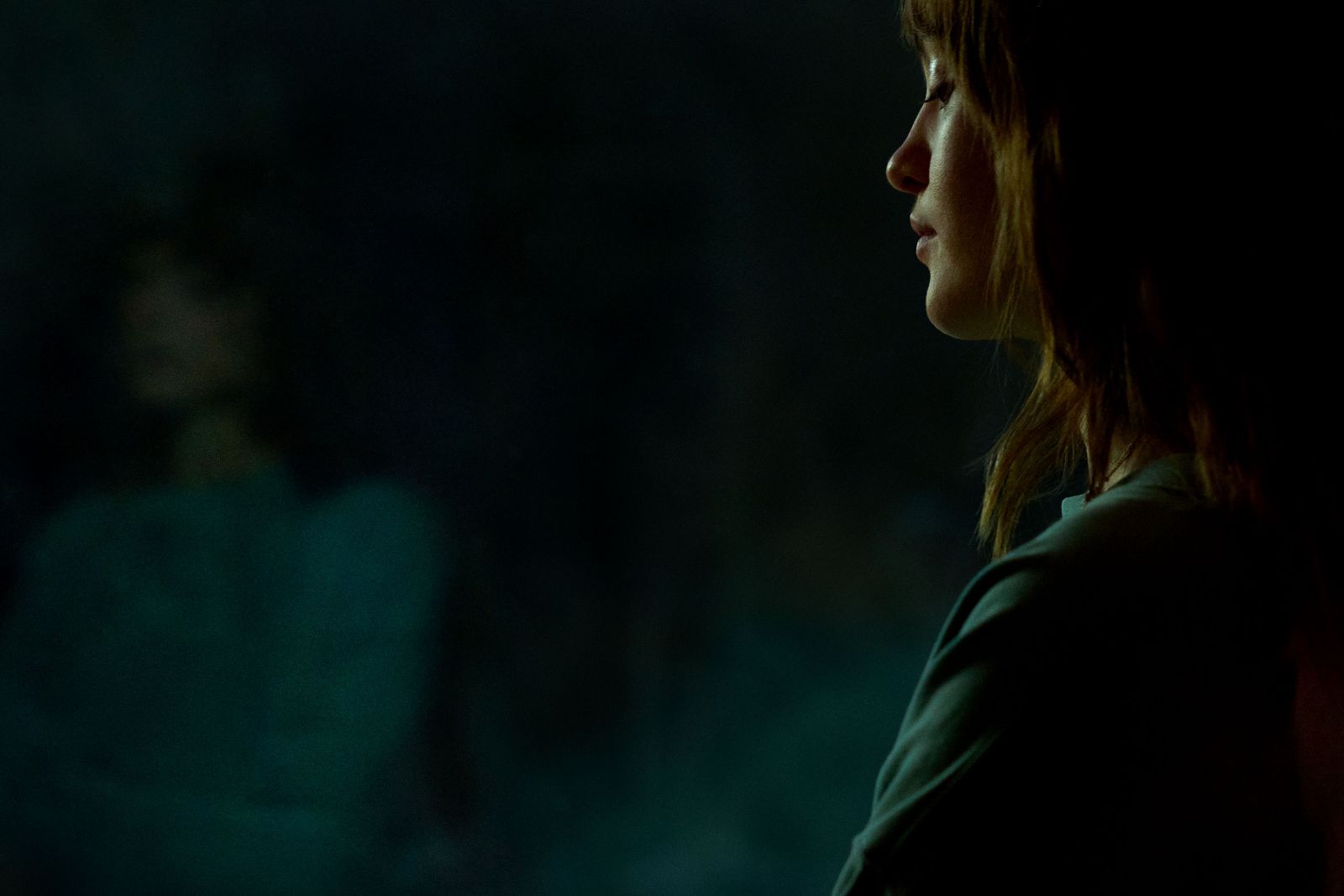 Dark silhouette of a woman reflecting in cold window glass against deep green tones.