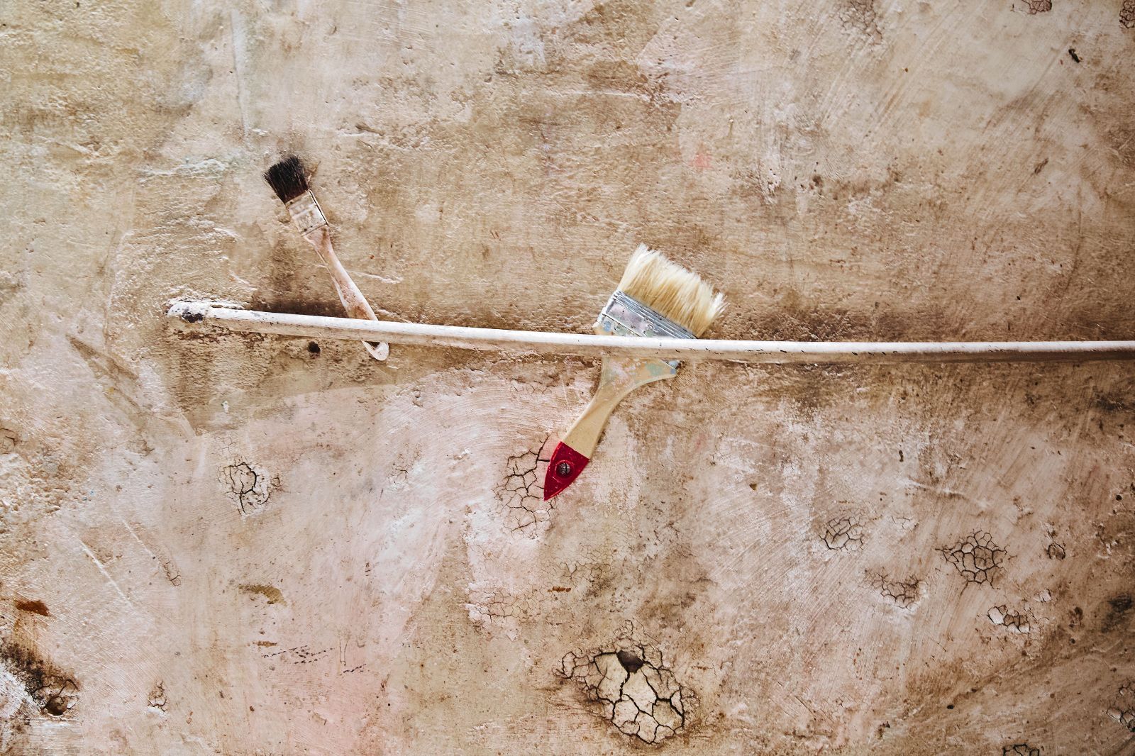 Worn paintbrushes resting against a textured, crumbling wall highlighting rustic, everyday domestic details.