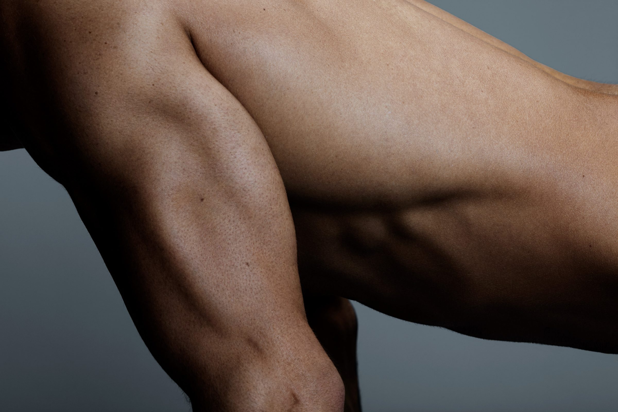 The valley of a braced arm — tricep and forearm locked under raking light.