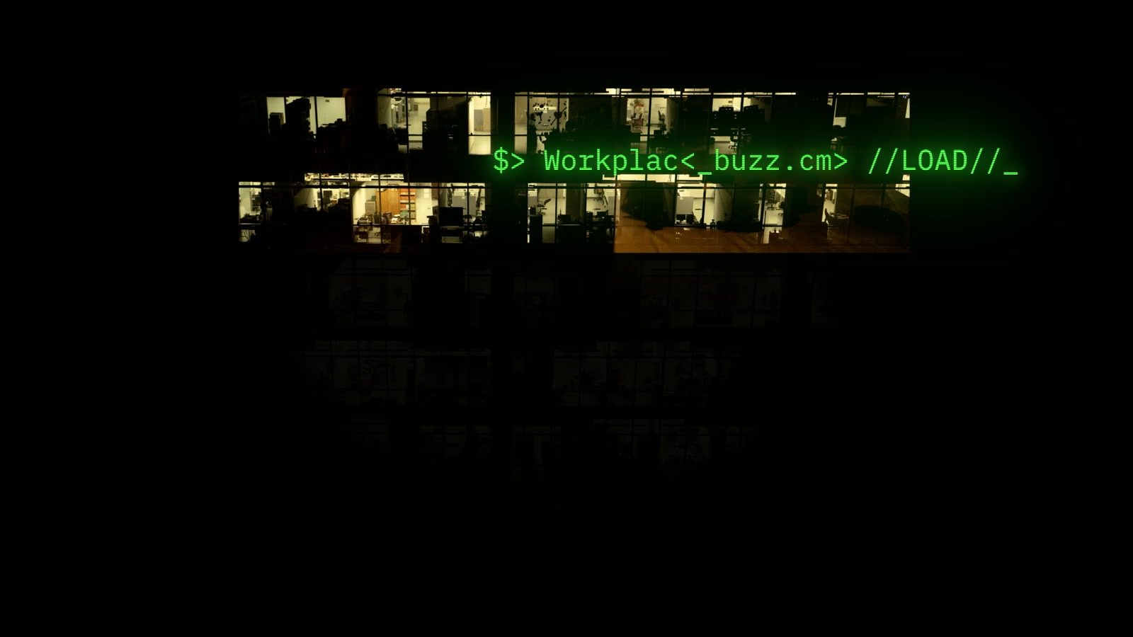 The facade begins to surface from black, a first cluster of windows glowing as the terminal text types on.